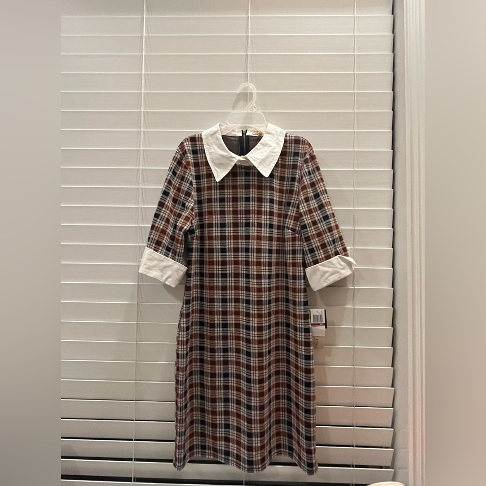 NWT Kingston Grey Brown Blue Plaid Collared Dress